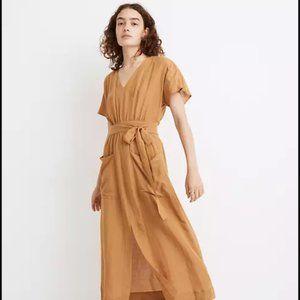 Linen-Blend Dolman-Sleeve Tie-Waist Midi Dress
